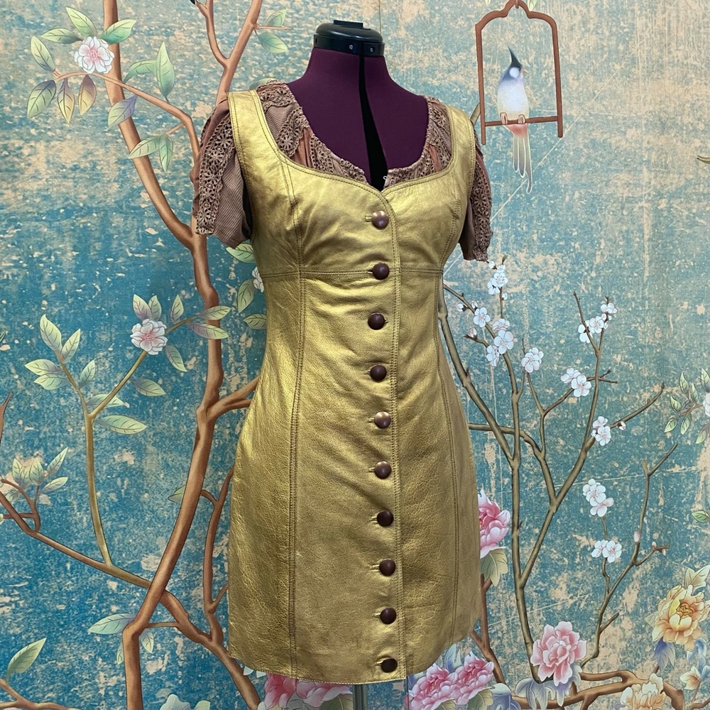 NWT Free People Women's Goldie Leather Mini Dress Gold - Picture 2 of 8